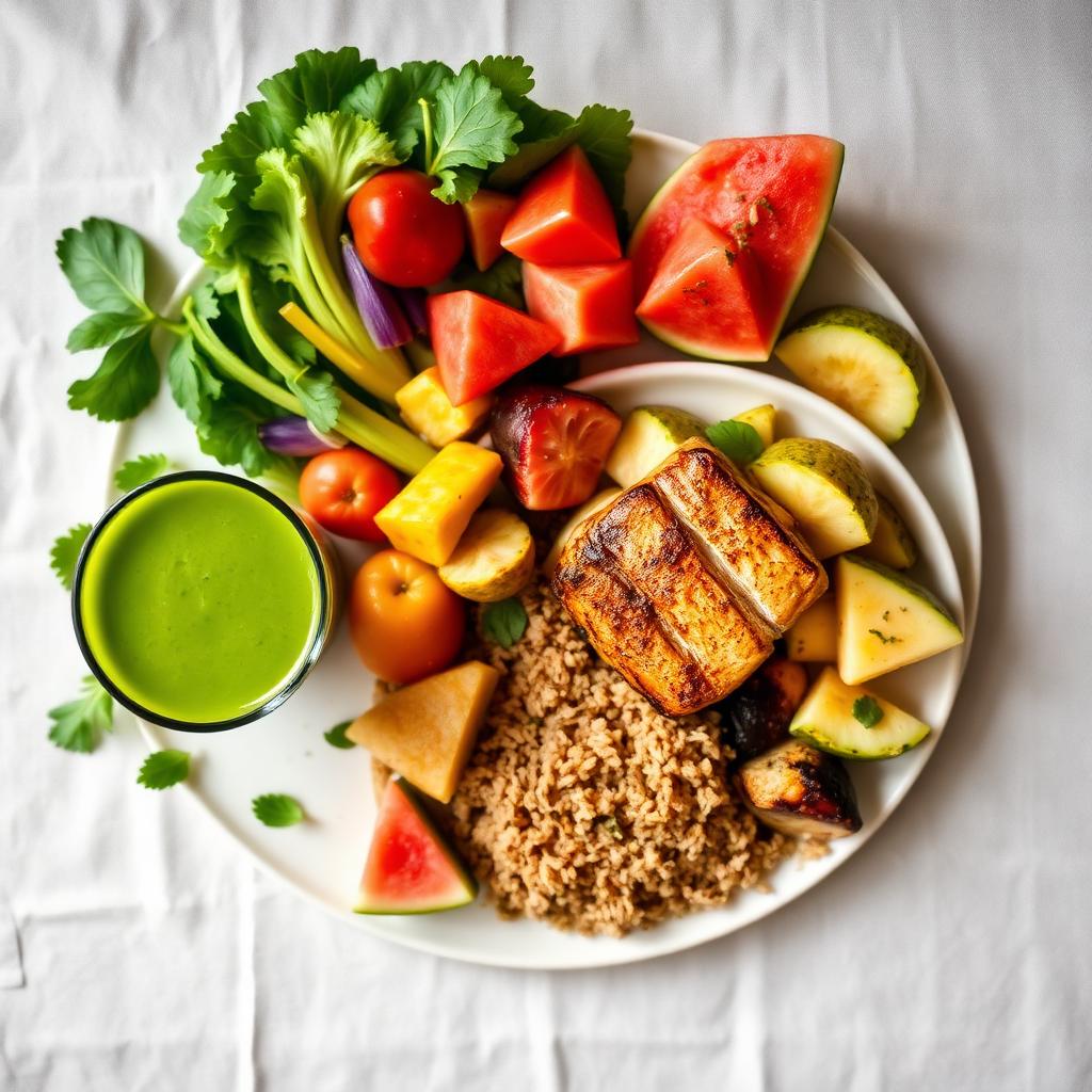 Fresh healthy meal with grilled fish, brown rice, vegetables and a green smoothie